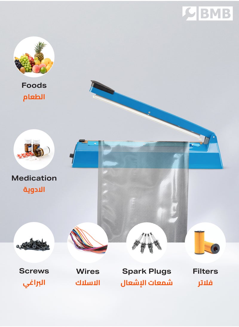 BMB tools - Electric Impulse Sealer Machine with BS Plug - 200mm, 300W - Manual Bags Sealing Machine with 8 Adjustable Temperature Levels for Quick Heating - Ideal for Plastic PP, PE Bags, Pouches, Food Packaging, and Small Business Use - Image 1