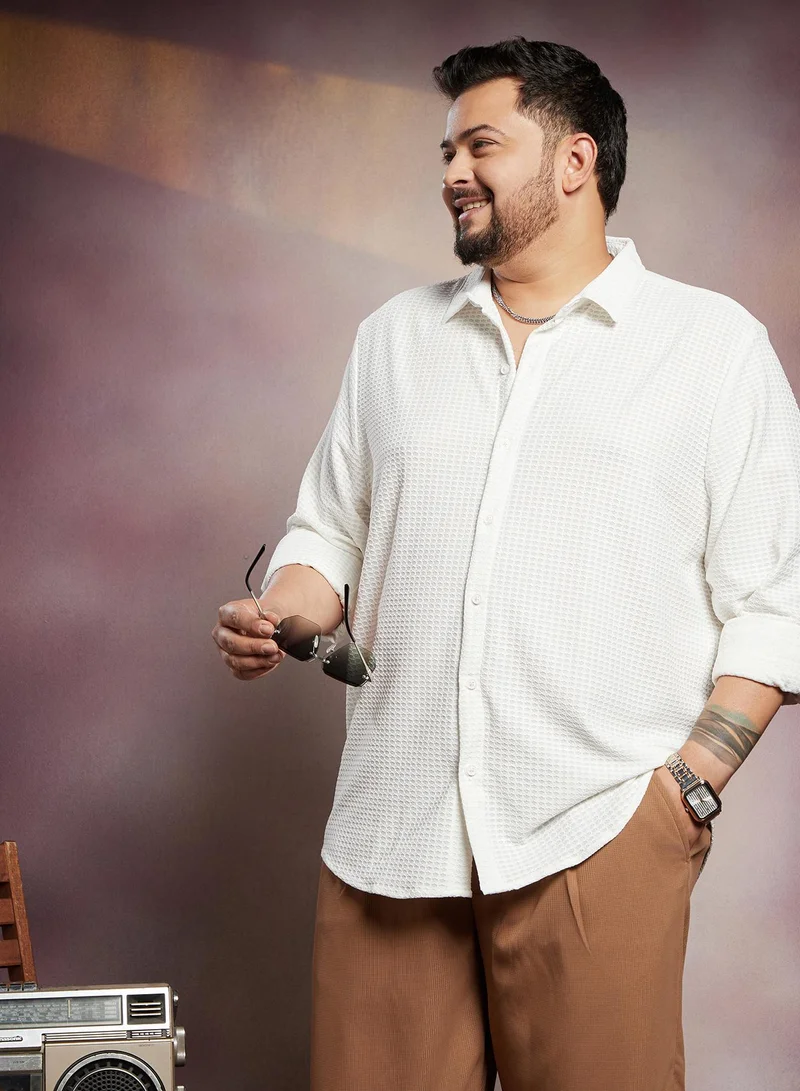 Instafab Plus Men's Cream White Hive-Weave Textured Shirt For Casual Wear | Spread Collar | Long Cuffed Sleeves | Button Closure | Plus Size Shirt Crafted With Comfort Fit For Everyday Wear