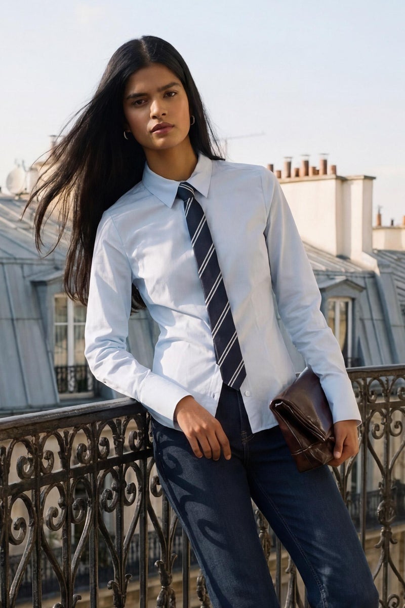 DeFacto Blue Woman Slim Fit Shirt Collar Poplin Long Sleeve Shirt Casual - Image 1