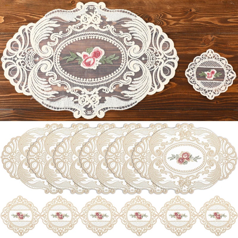 Mindsoft 12 Pcs Lace Placemats and Lace Coasters Vintage French Style Cloth Doilies Crochet Coasters Embroidered Doilies Cup Mat for Glass Table Dressers Wedding Party Decoration (Beige) - Image 1