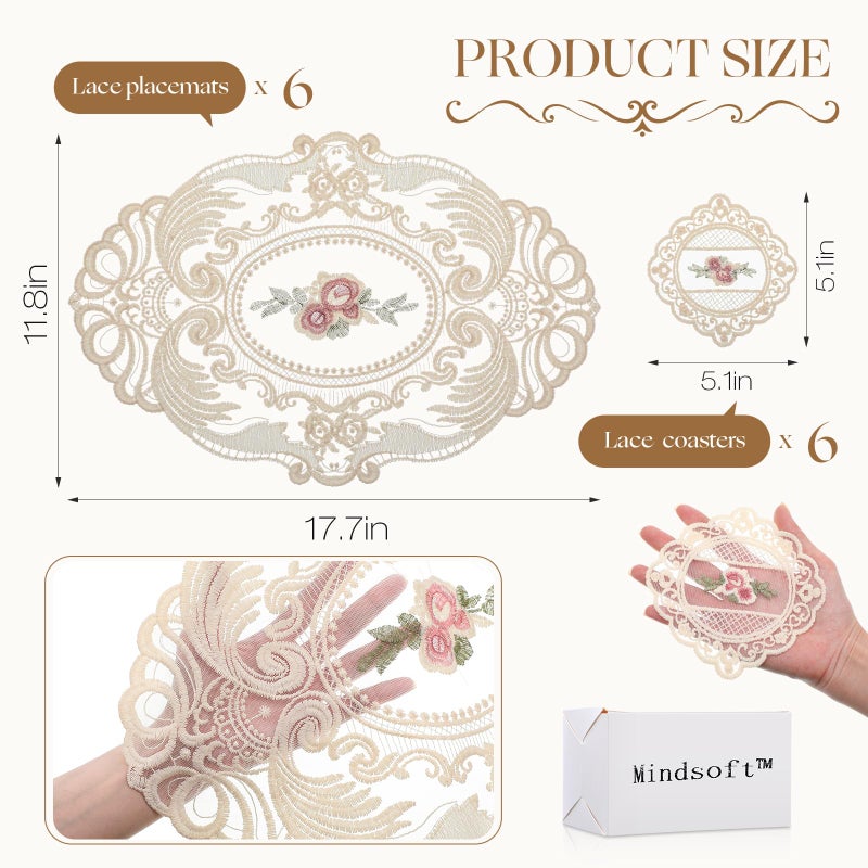 Mindsoft 12 Pcs Lace Placemats and Lace Coasters Vintage French Style Cloth Doilies Crochet Coasters Embroidered Doilies Cup Mat for Glass Table Dressers Wedding Party Decoration (Beige) - Image 2