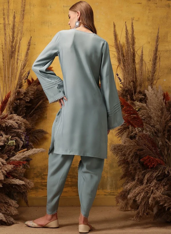 Indo Street Floral Embroidered V-Neck Kurta with Dhoti Pant for Women