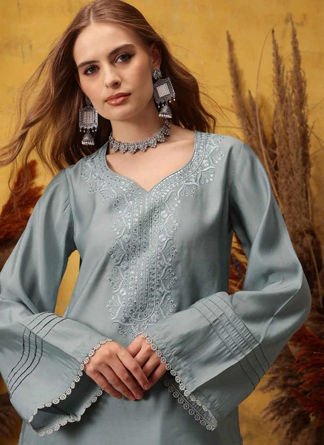 Indo Street Floral Embroidered V-Neck Kurta with Dhoti Pant for Women