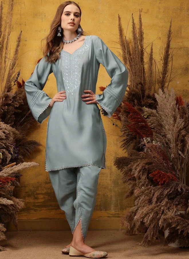 Indo Street Floral Embroidered V-Neck Kurta with Dhoti Pant for Women