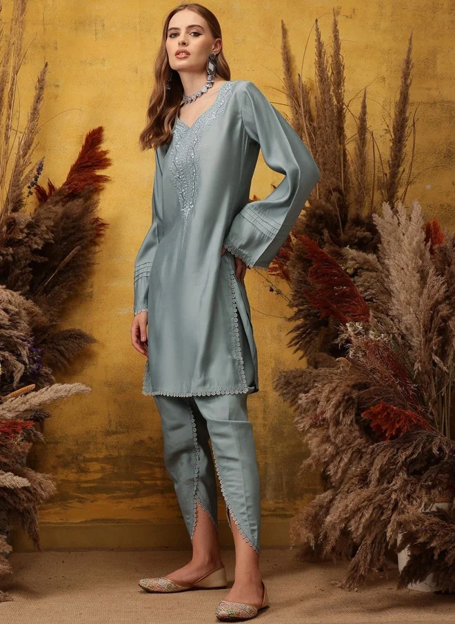 Indo Street Floral Embroidered V-Neck Kurta with Dhoti Pant for Women