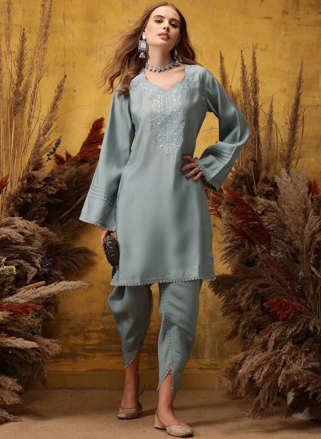 Indo Street Floral Embroidered V-Neck Kurta with Dhoti Pant for Women