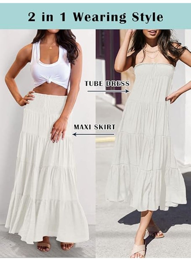 general Women Summer Elastic High Waist Boho Maxi Skirt Casual Drawstring A Line Long Skirt - Image 3