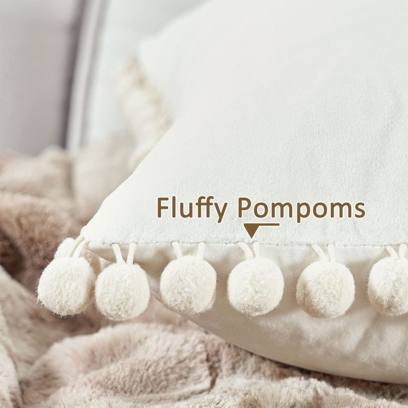 Topfinel Decorative Pillow Covers 22x22 Inch Set of 2, Soft Velvet Throw Pillow Cover with Pom-poms Cream White Couch Cushion Covers for Bedroom Livingroom Boho Home Decor - Image 3