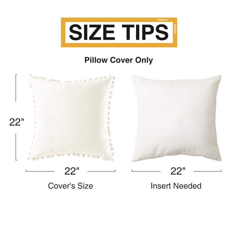 Topfinel Decorative Pillow Covers 22x22 Inch Set of 2, Soft Velvet Throw Pillow Cover with Pom-poms Cream White Couch Cushion Covers for Bedroom Livingroom Boho Home Decor - Image 5