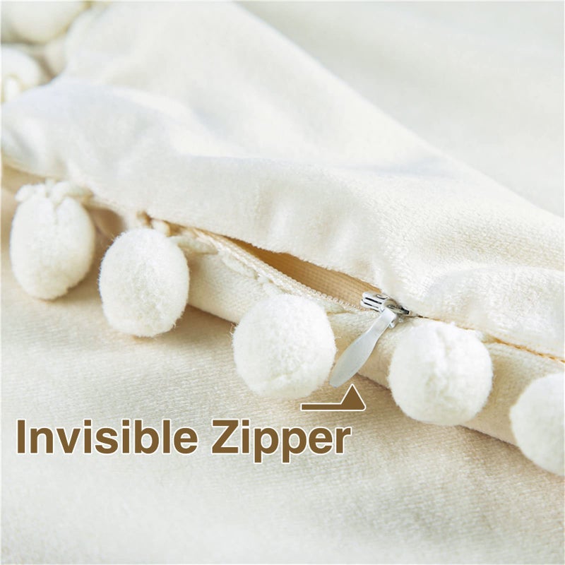 Topfinel Decorative Pillow Covers 22x22 Inch Set of 2, Soft Velvet Throw Pillow Cover with Pom-poms Cream White Couch Cushion Covers for Bedroom Livingroom Boho Home Decor - Image 4