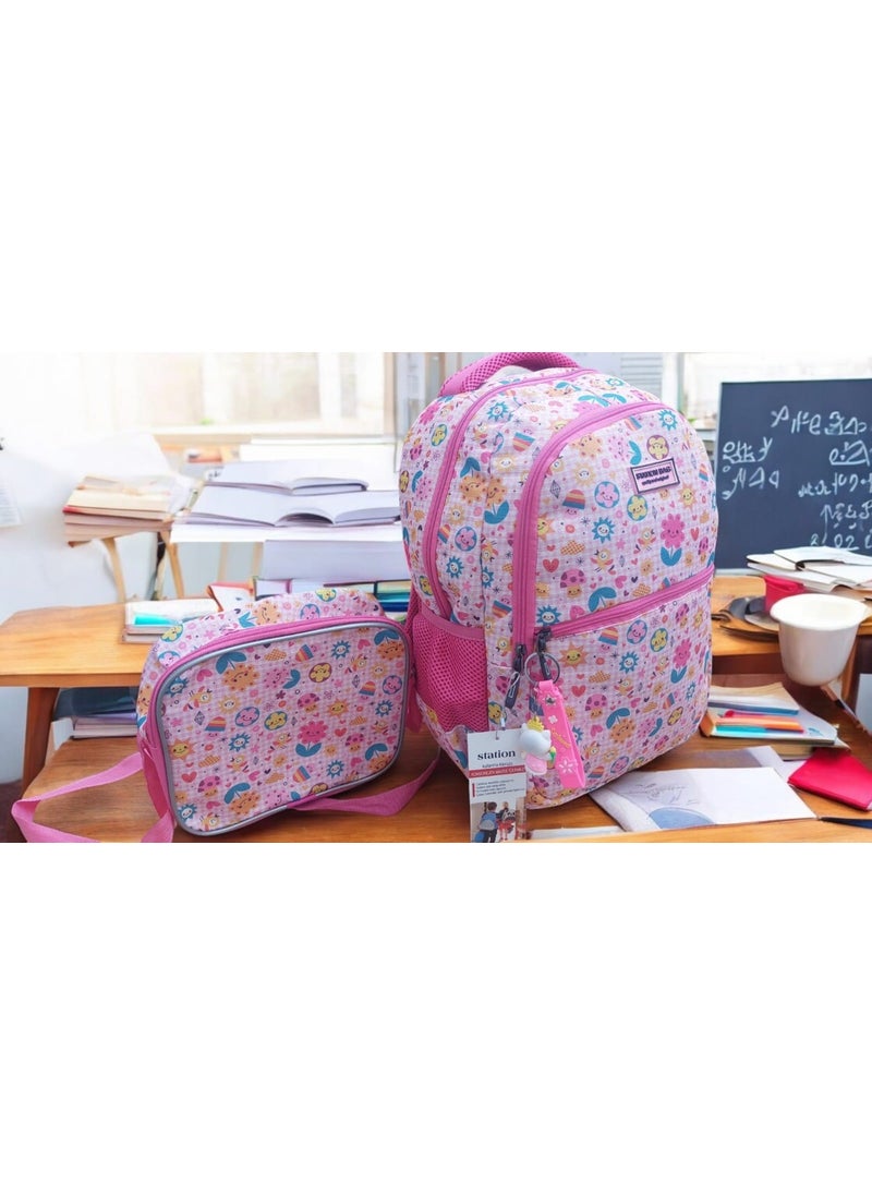 GENC DIJITAL BASKI GENC DIGITAL PRINTING Pink Smiling Flower Face Patterned School Bag and Lunch Box (With Mascot Keychain Gift)  - Image 1