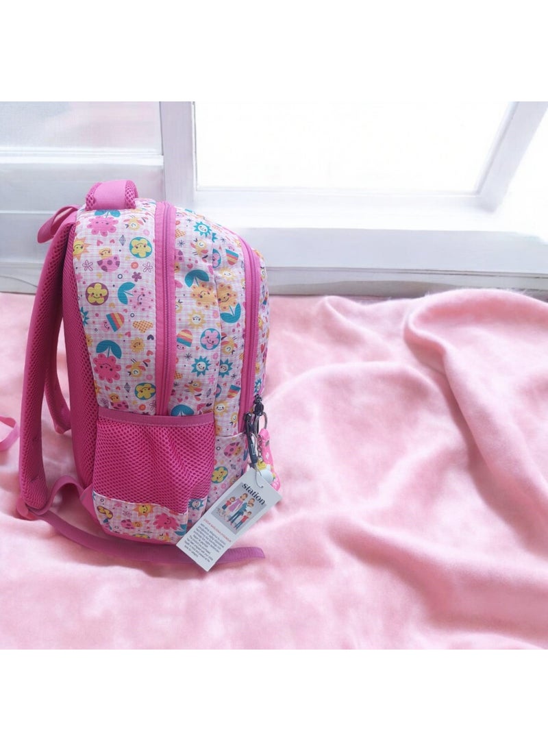 GENC DIJITAL BASKI GENC DIGITAL PRINTING Pink Smiling Flower Face Patterned School Bag and Lunch Box (With Mascot Keychain Gift)  - Image 5