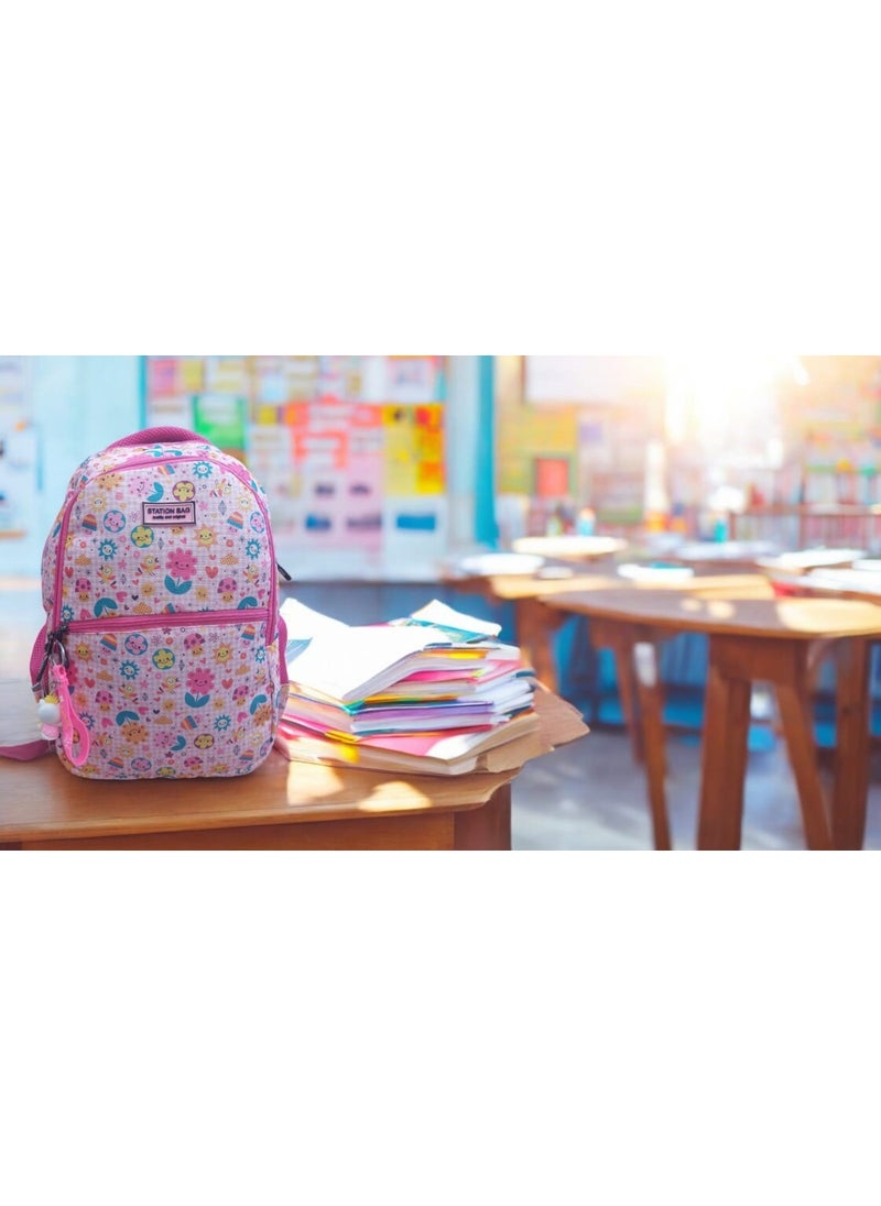 GENC DIJITAL BASKI GENC DIGITAL PRINTING Pink Smiling Flower Face Patterned School Bag and Lunch Box (With Mascot Keychain Gift)  - Image 2