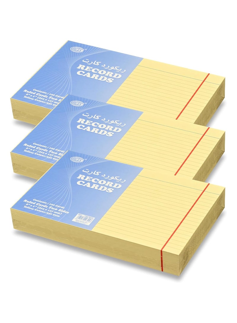 FIS® Ruled Record Cards or Index Cards, Size:8"x5" Inches (203x127mm), Two Sides Single Ruled, 240gsm, 100 Sheets Per Packet, Packet of 3 Pieces, Yellow Color-FSIC85YL-3 - Image 1
