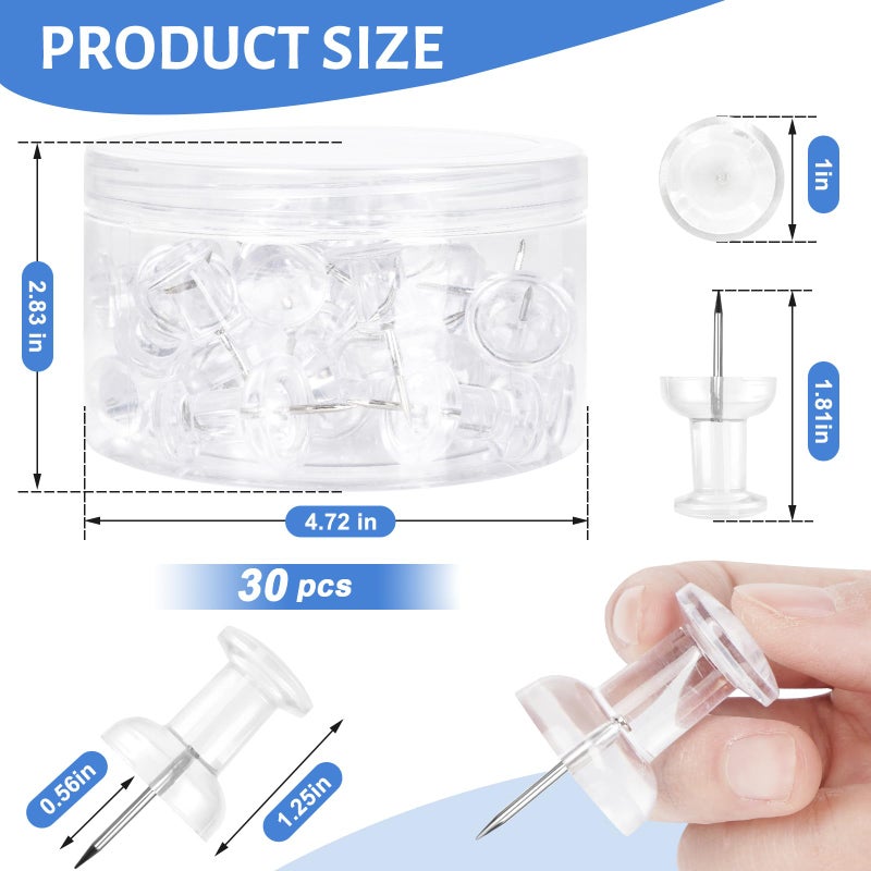 DANRONG 30 PCS Jumbo Push Pins for Bulletin Board, Large Thumb Tacks for Wall, 1.81 Inch, Giant Clear Thumbtacks, Pin Tacks for Cork Board Hanging Maps Photos Posters Calendar, Office School Supplies - Image 2