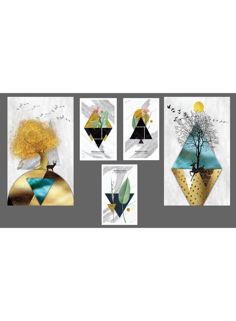 Modern 5-Piece Wall Art – Geometric Abstract  with Nature & Deer Design | 2 pcs 30×40 cm + 3 pcs 20×30 cm