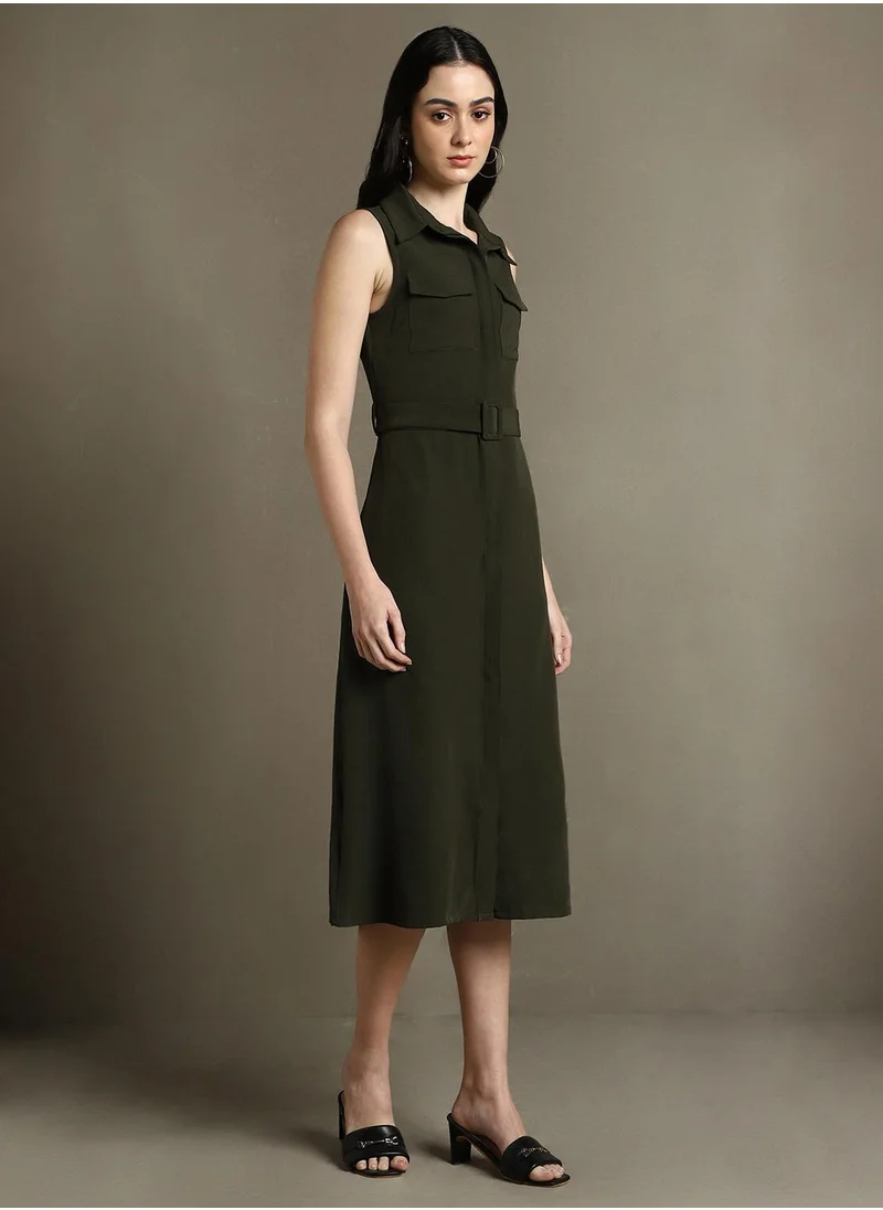 دينيس لينغو Women's Olive 100% Polyester Solid Regular Fit Dress