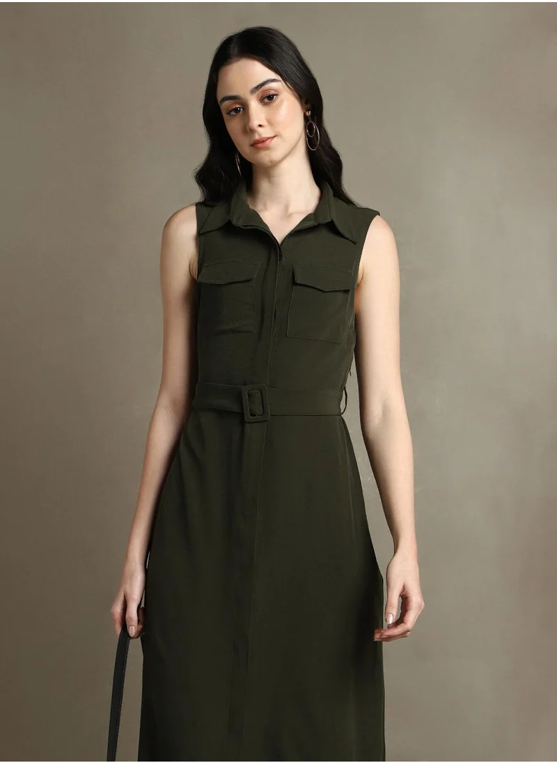 دينيس لينغو Women's Olive 100% Polyester Solid Regular Fit Dress