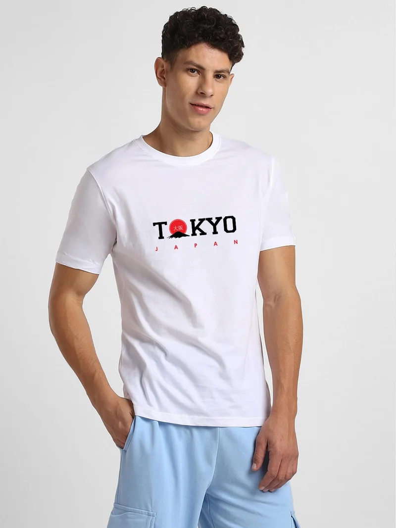 NOBERO Men's White Graphic Print T-Shirt