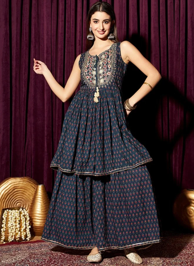 Indo Street Floral Printed Pure Cotton Kurta With Sharara For Women