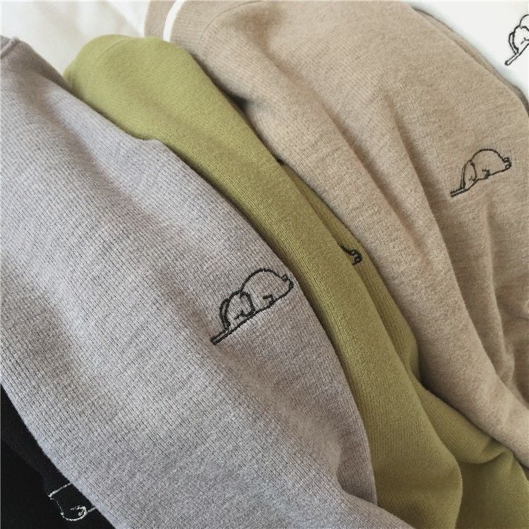 Double-Sided Velvet Warm Embroidered Elephant T-Shirt Women'S Base Shirt Warm All-Match Long Sleeve Round Neck Top - Image 3