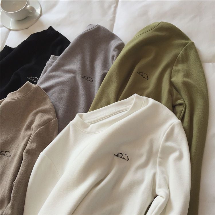 Double-Sided Velvet Warm Embroidered Elephant T-Shirt Women'S Base Shirt Warm All-Match Long Sleeve Round Neck Top - Image 5