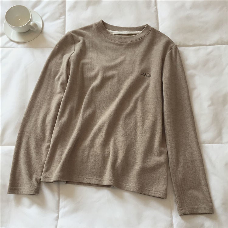Double-Sided Velvet Warm Embroidered Elephant T-Shirt Women'S Base Shirt Warm All-Match Long Sleeve Round Neck Top - Image 1