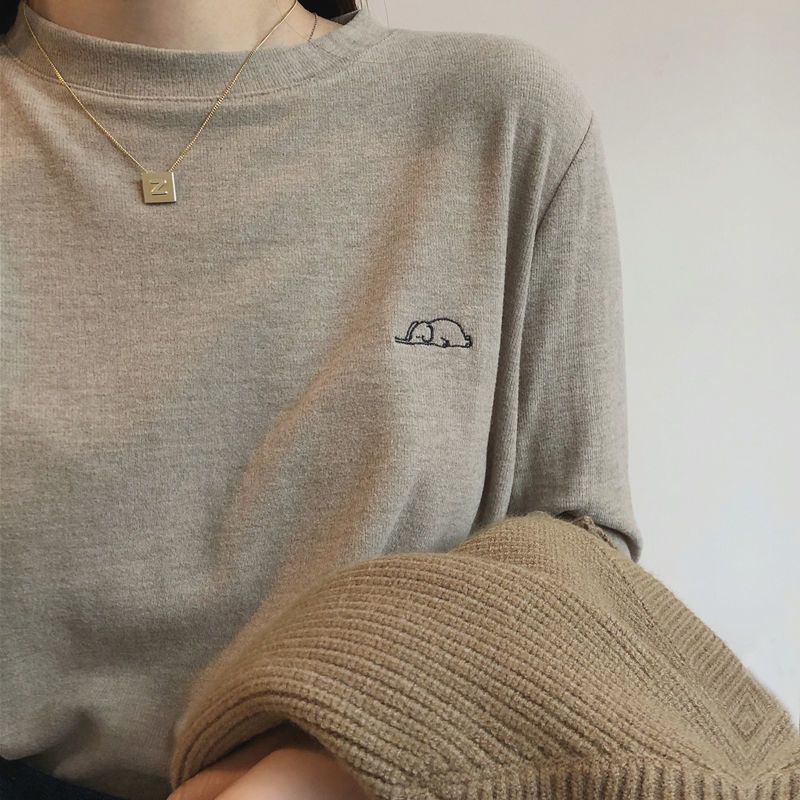 Double-Sided Velvet Warm Embroidered Elephant T-Shirt Women'S Base Shirt Warm All-Match Long Sleeve Round Neck Top - Image 2