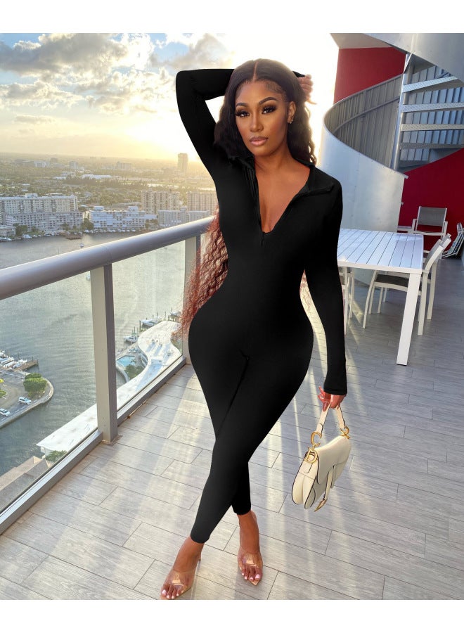 Fall New Arrival European And American New Brushed Zipper Sports Jumpsuit