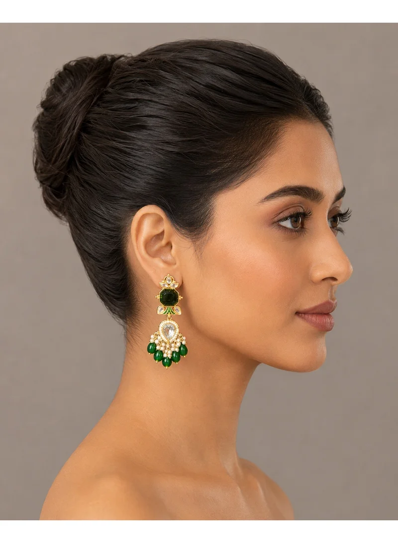 Lehar Women’s Emerald Green Kundan & Pearl Drop Earrings - Gold Tone Traditional Imitation Jewelry