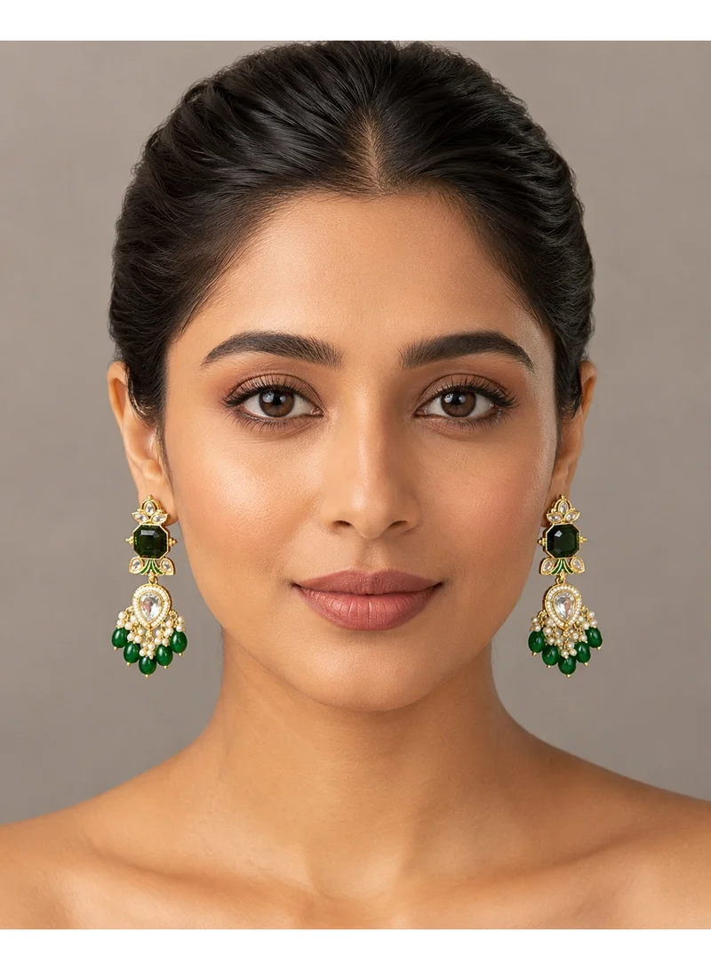Lehar Women’s Emerald Green Kundan & Pearl Drop Earrings - Gold Tone Traditional Imitation Jewelry