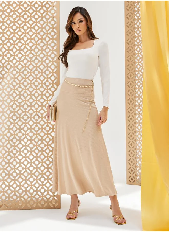 Styli Ribbed A-Line Maxi Skirt with Chain Detail