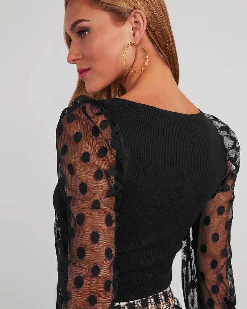 miduo Womens Knit Shirts Spring Scoop Neck Splicing Swiss Polka Dot Balloon Sleeve Ribbed Knitted Shirts Tops Blouses for Leggings Black M - Image 5