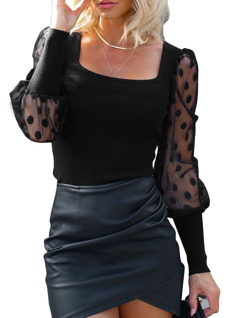 miduo Womens Knit Shirts Spring Scoop Neck Splicing Swiss Polka Dot Balloon Sleeve Ribbed Knitted Shirts Tops Blouses for Leggings Black M - Image 1