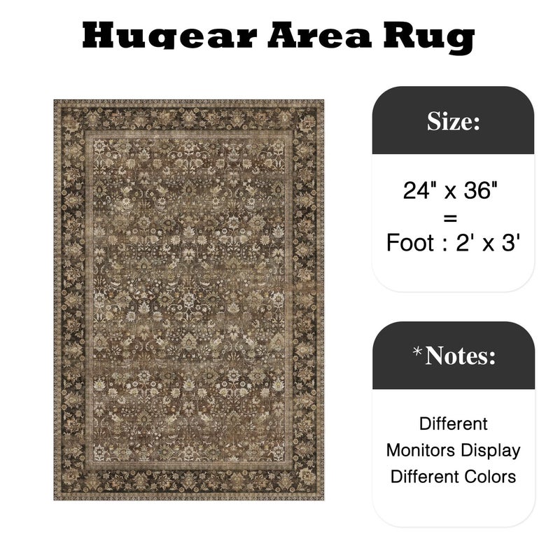 HUGEAR 2x3 Small Rug Machine Washable Area Rug Brown Entryway Rugs Entrance Door Mat Indoor Accent Rugs Floral Low Pile Carpet Distressed Throw Rug Kitchen Bedroom Office Non Slip - Image 2