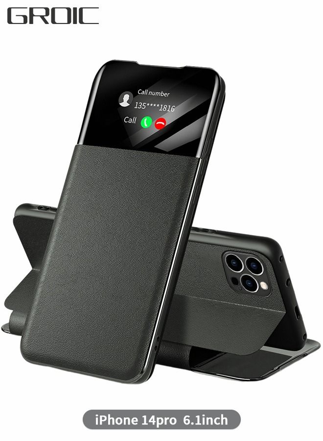 GROIC For iPhone14 Pro 6.1 Inch Phone Case, Leather Case with Card Holder and Window, Magnetic Flip Cover, Half Window Stand Phone Case Black - Image 1