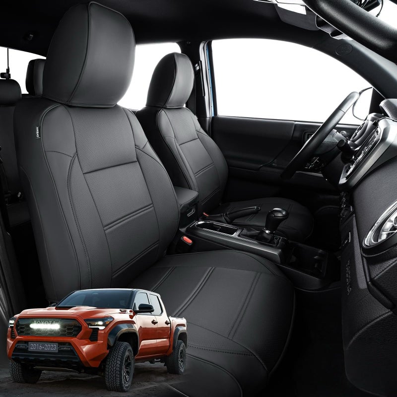 DrCarNow for Toyota Tacoma Seat Covers 2016 2017 2018 2019 2020 2021 2022 2023 Leather Seat Covers for Trucks Crew Cab Double Cab Waterproof for 3rd Gen Tacoma Accessories 20162023 Full Set Black