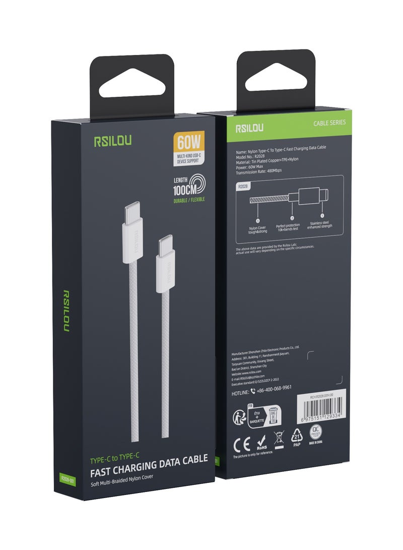 ارسيلو R2028-001 كابل USB-C إلى USB-C، 60 وات، عالي المتانة ومرن، كابل شحن وبيانات سريع، مضفر بطول 1 متر، معدل سرعة نقل الأسلاك النحاسية 480 ميجابايت في الثانية، خالٍ من التشابك - Image 2