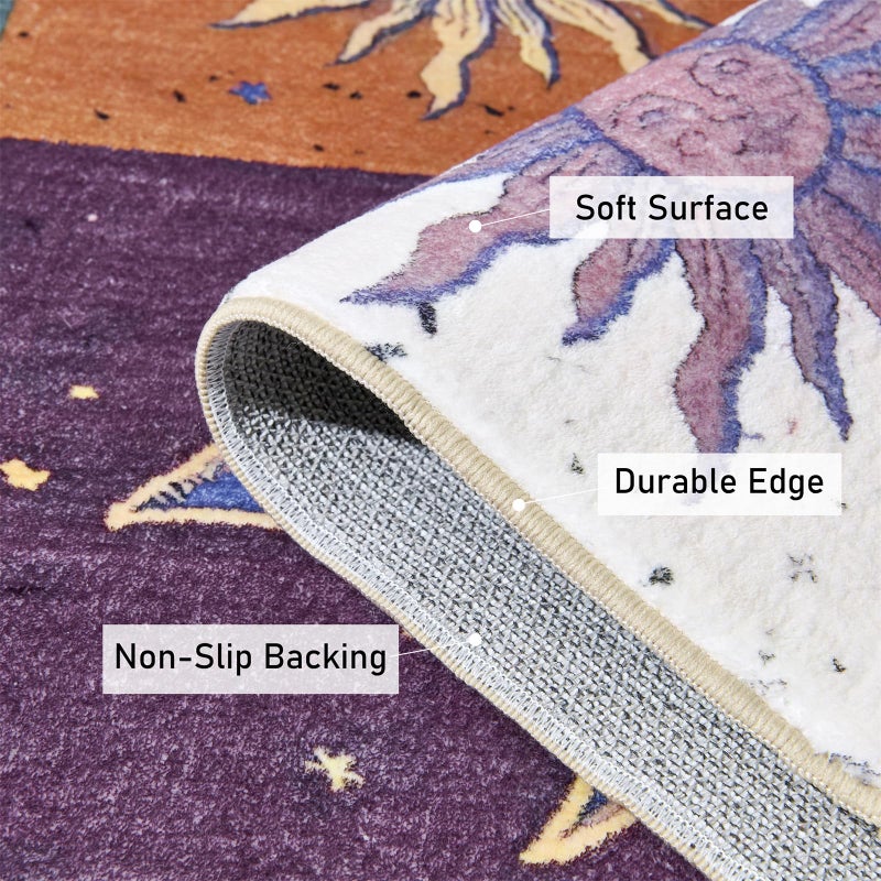 Ouyattle Boho Sun and Moon Washable Rug Ultra Thin, Vintage Mystical Celestial Checkerboard 4x6 Area Rug for Living Room Entryway Kitchen Dorm, Hippie Retro Aesthetic Cute Trendy Indie Bedroom Accent Carpet - Image 3