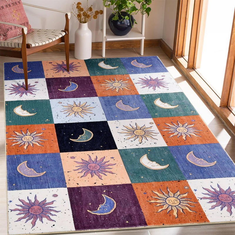 Ouyattle Boho Sun and Moon Washable Rug Ultra Thin, Vintage Mystical Celestial Checkerboard 4x6 Area Rug for Living Room Entryway Kitchen Dorm, Hippie Retro Aesthetic Cute Trendy Indie Bedroom Accent Carpet - Image 1
