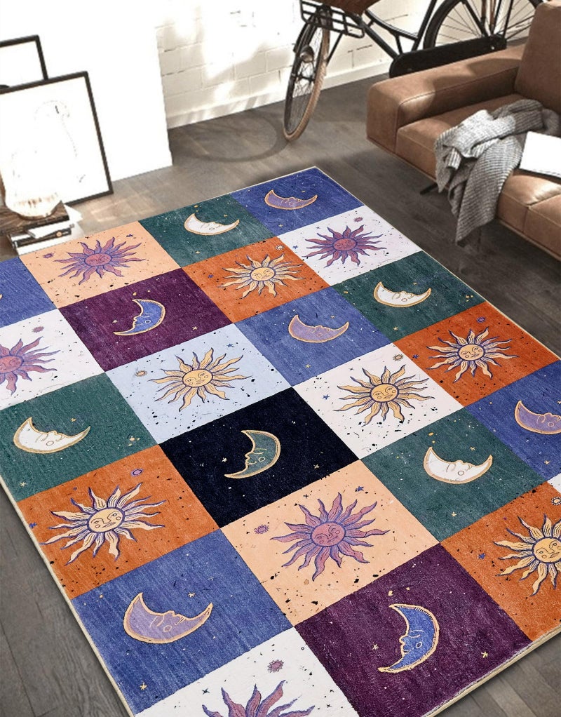 Ouyattle Boho Sun and Moon Washable Rug Ultra Thin, Vintage Mystical Celestial Checkerboard 4x6 Area Rug for Living Room Entryway Kitchen Dorm, Hippie Retro Aesthetic Cute Trendy Indie Bedroom Accent Carpet - Image 2