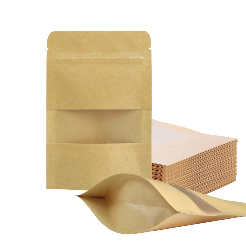 100 Pcs Resealable bags35 x 55 Stand Up Kraft Paper Bags with Matte Window Zip Lock Food Storage Bags for Packaging Products Reusable Sealable