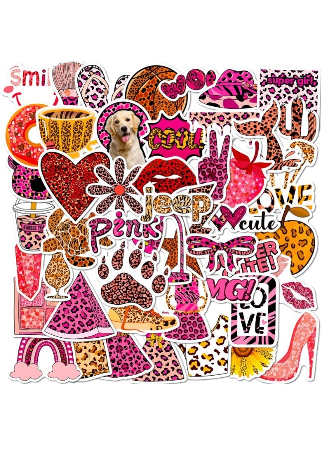 NIBEMINENT 50 Pcs Pink Leopard Pattern Deco Kit Waterproof Stickers, High Definition Printing Bright Colors, Suitable for Laptop Skateboard Luggage Water Bottle Guitar DIY - Image 1