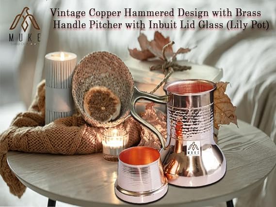 MUKE Vintage Copper Hammered Design Lily Pot with Brass Handle Pitcher with Inbuit Lid Glass Lily Pot - Image 3