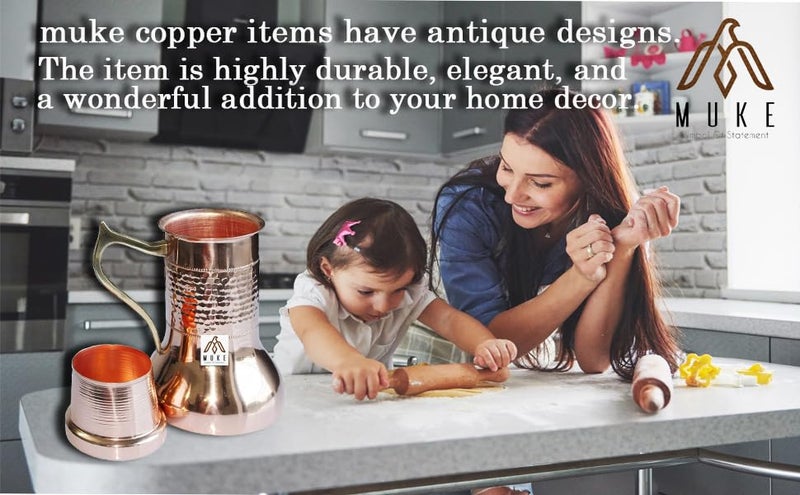 MUKE Vintage Copper Hammered Design Lily Pot with Brass Handle Pitcher with Inbuit Lid Glass Lily Pot - Image 5