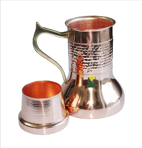 MUKE Vintage Copper Hammered Design Lily Pot with Brass Handle Pitcher with Inbuit Lid Glass Lily Pot - Image 1