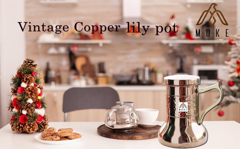 MUKE Vintage Copper Hammered Design Lily Pot with Brass Handle Pitcher with Inbuit Lid Glass Lily Pot - Image 4