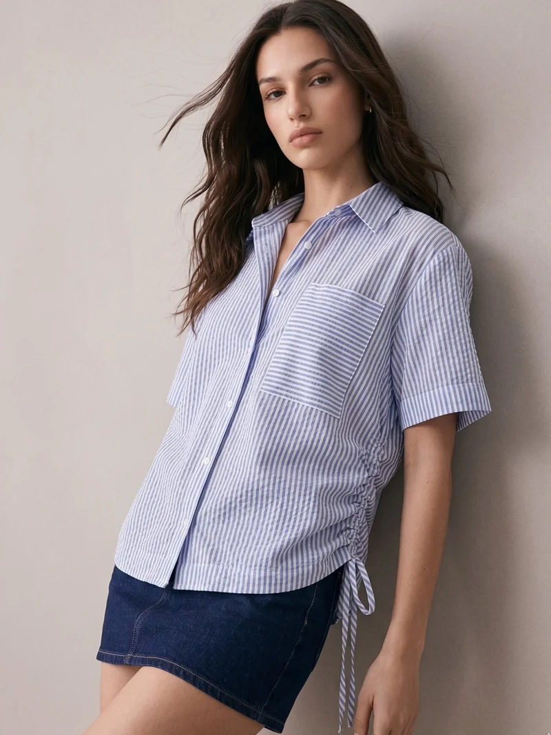 Dark Blue Boxy Shirt With Side Ruching Detail