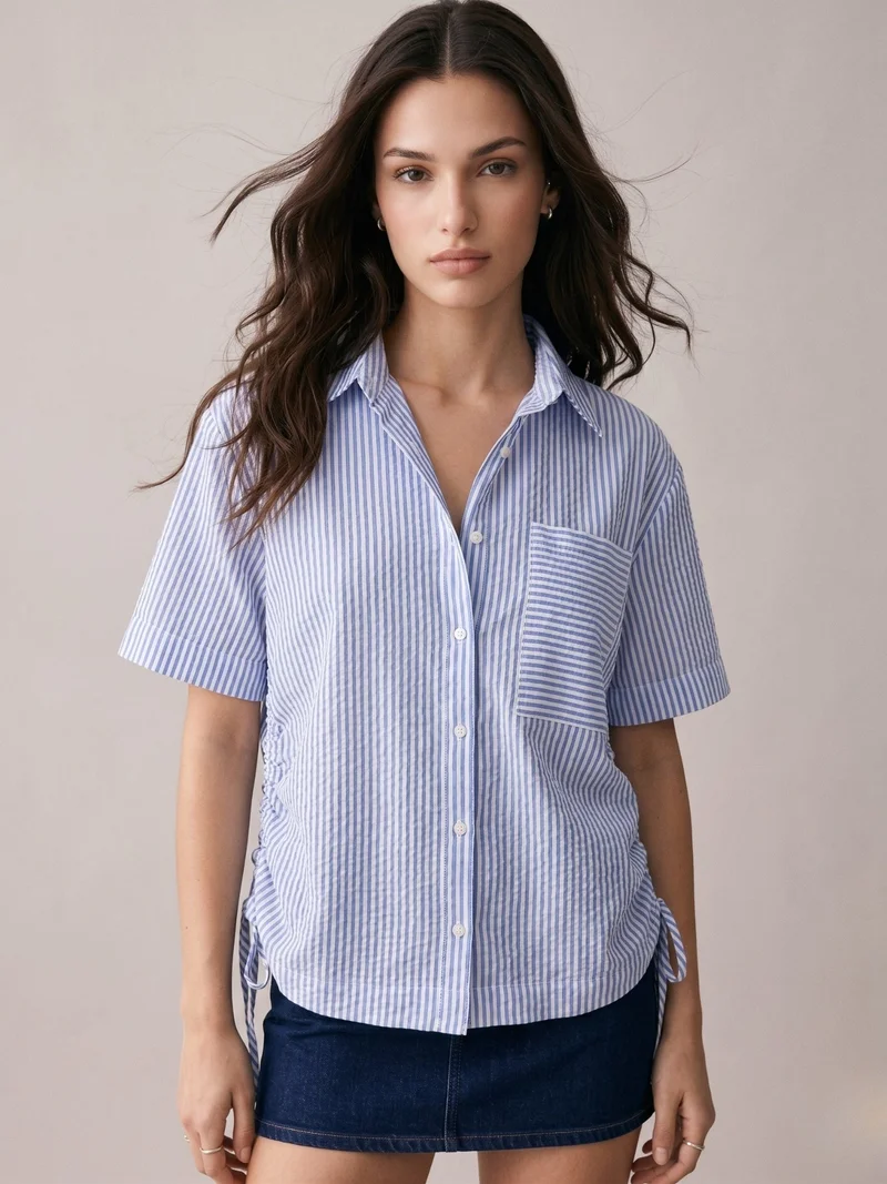 Outzidr  Dark Blue Boxy Shirt With Side Ruching Detail for Women | Best Price UAE