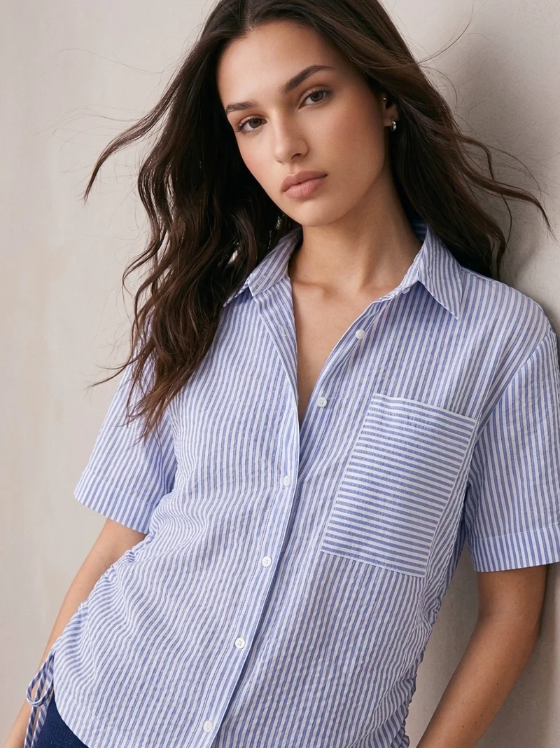 Outzidr  Dark Blue Boxy Shirt With Side Ruching Detail for Women | Best Price UAE